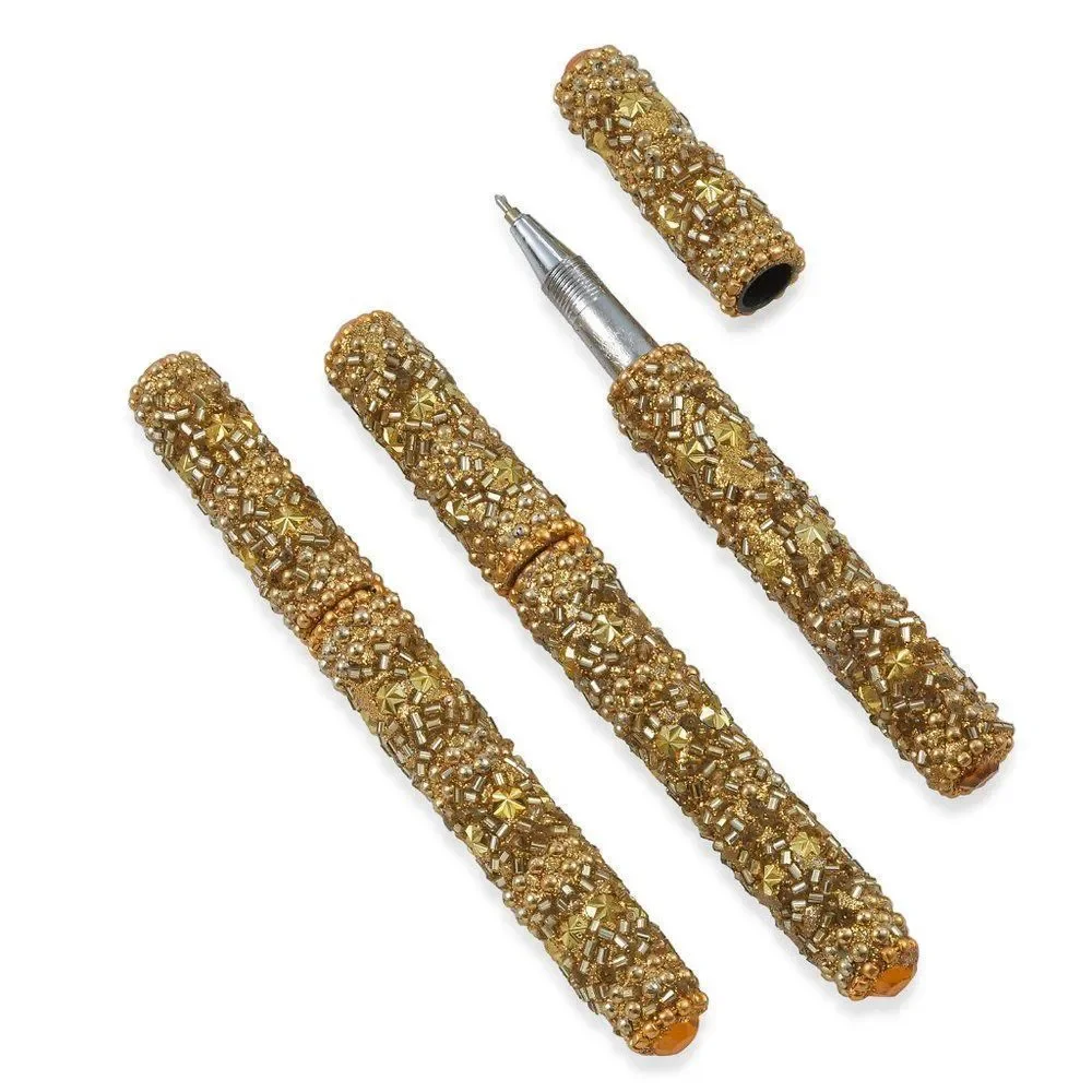 Golden Floral Pattern Beaded Pens with Holder